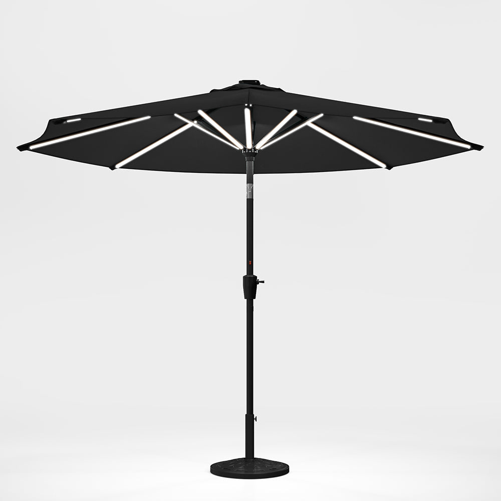 Black 3M Lighted Market Sunbrella Umbrella with Solar Strip LED Lights Parasols & Rain Umbrellas   