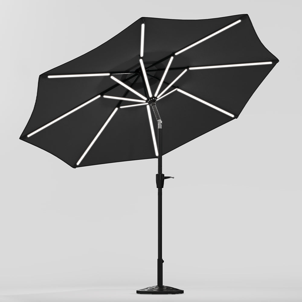 Black 3M Lighted Market Sunbrella Umbrella with Solar Strip LED Lights Parasols & Rain Umbrellas   