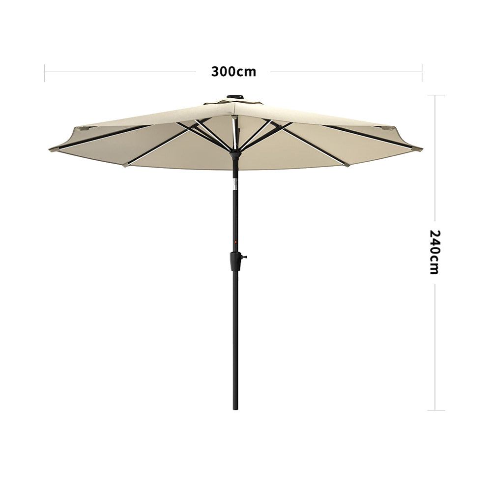 Beige Outdoor Crank Lift Parasol Umbrella with LED Lights