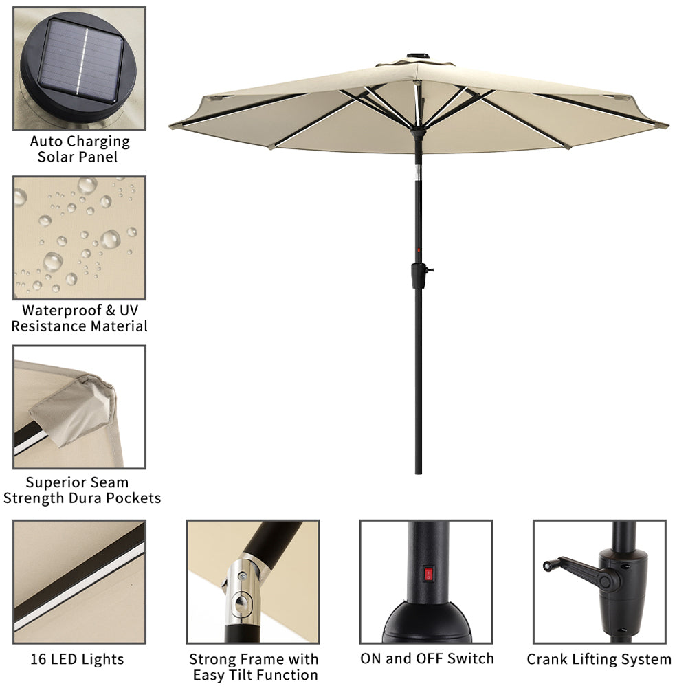 Beige Outdoor Crank Lift Parasol Umbrella with LED Lights