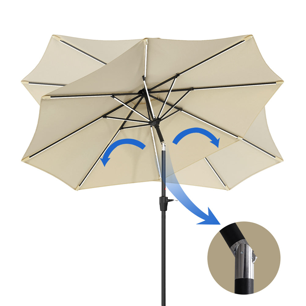 Beige Outdoor Crank Lift Parasol Umbrella with LED Lights