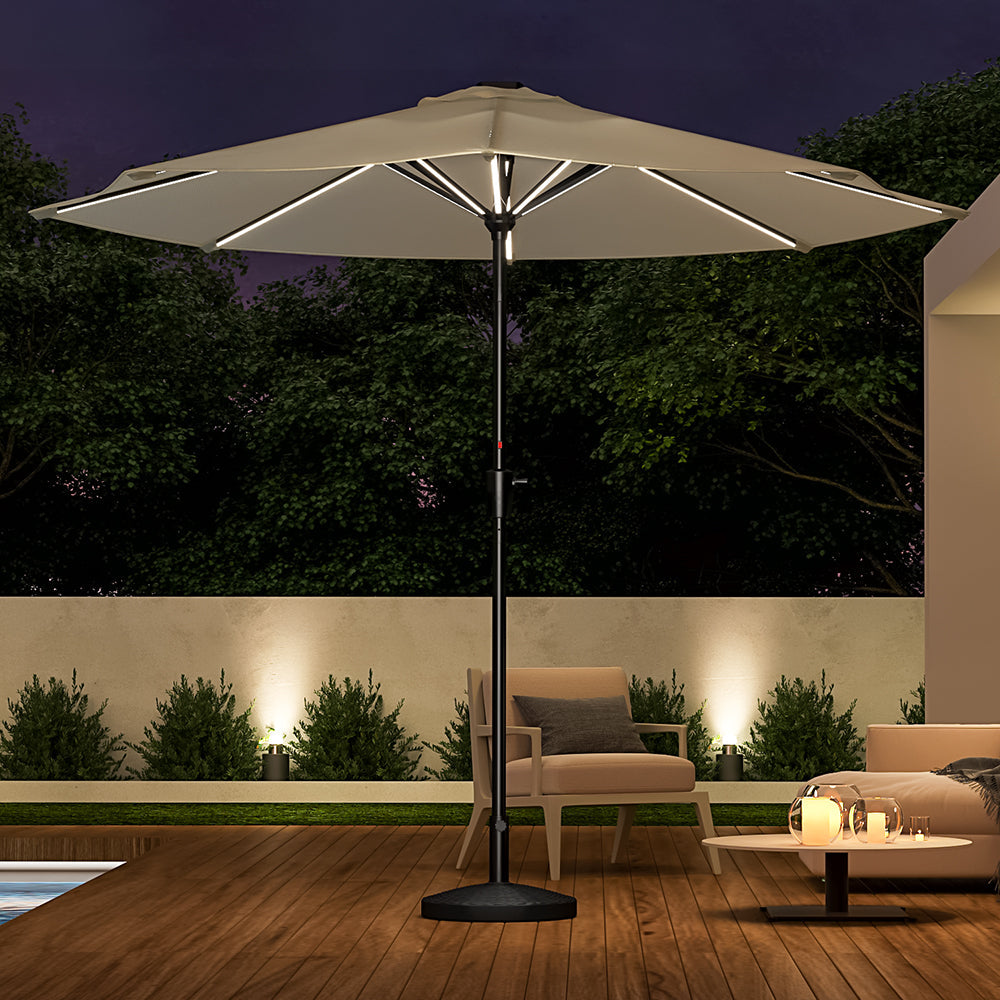 Beige Outdoor Crank Lift Parasol Umbrella with LED Lights