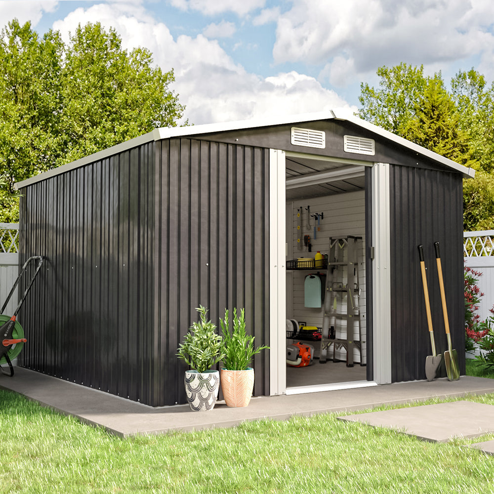 Garden Steel Shed with Gabled Roof Top Garden storage Garden Sanctuary 8' x 8' ft Black 