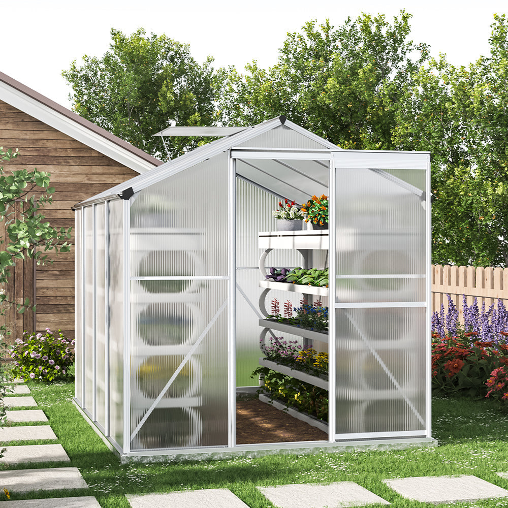 White Framed Garden Hobby Greenhouse with Vent Garden Storages & Greenhouses Garden Sanctuary 8' x 6' ft With base frame 