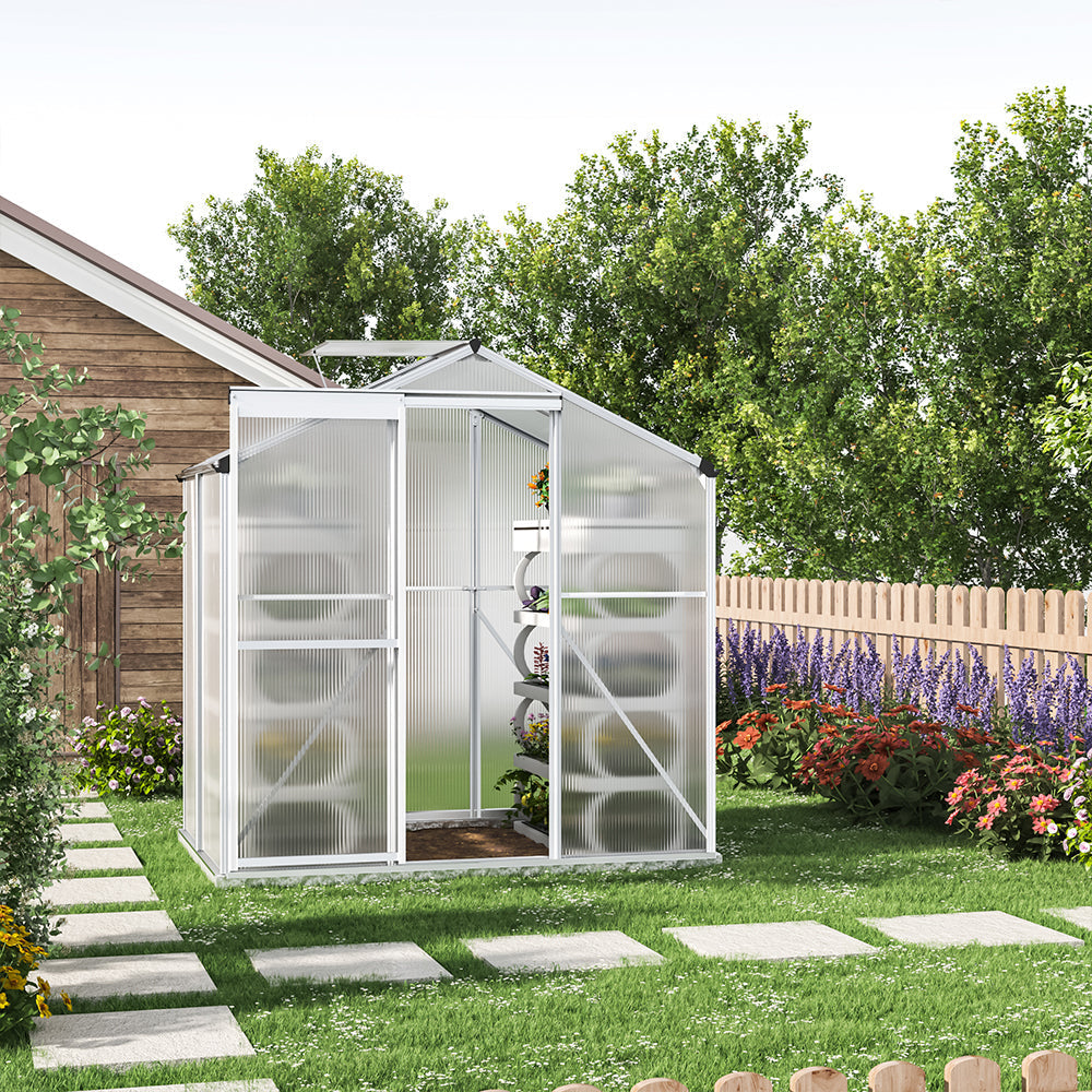 White Framed Garden Hobby Greenhouse with Vent Garden Storages & Greenhouses Garden Sanctuary 4' x 6' ft With base frame 