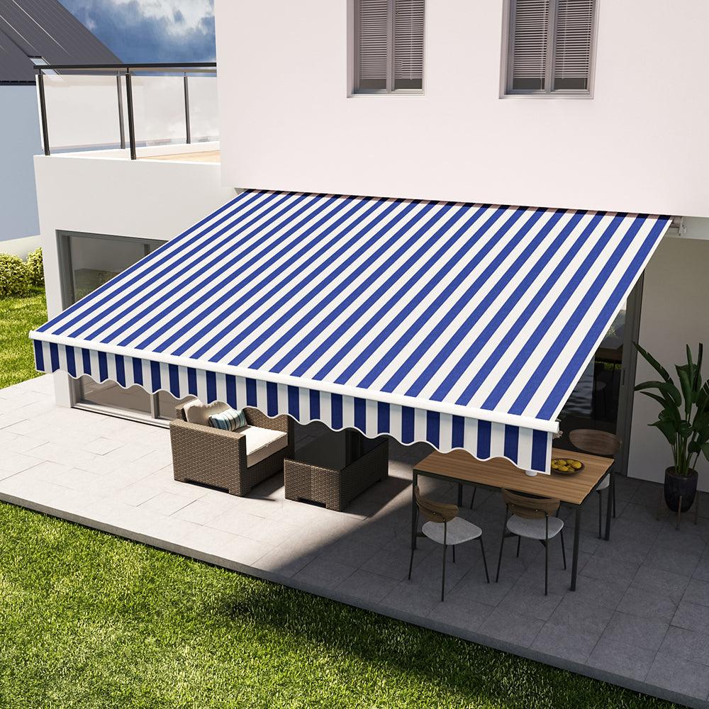 Blue & White Manual Retractable Patio Awning