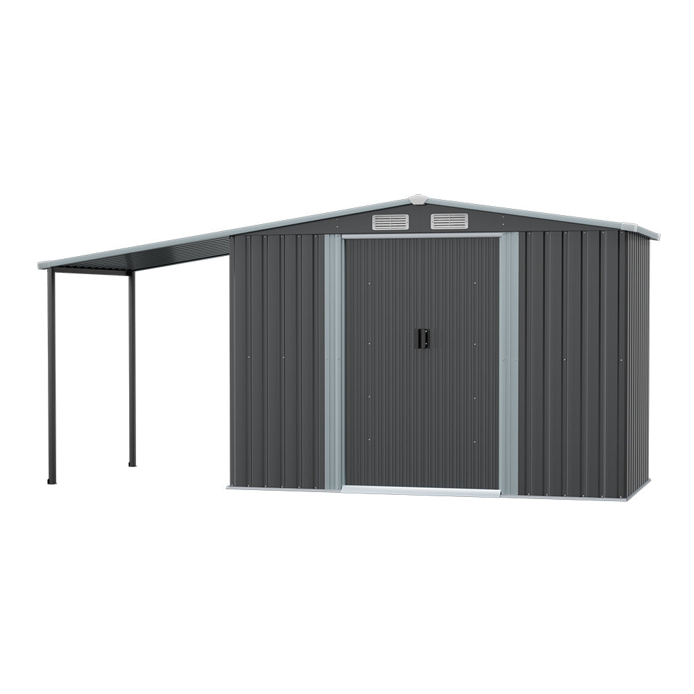 256CM Wide Metal Garden Storage Shed with Gabled Roof and Lean-To