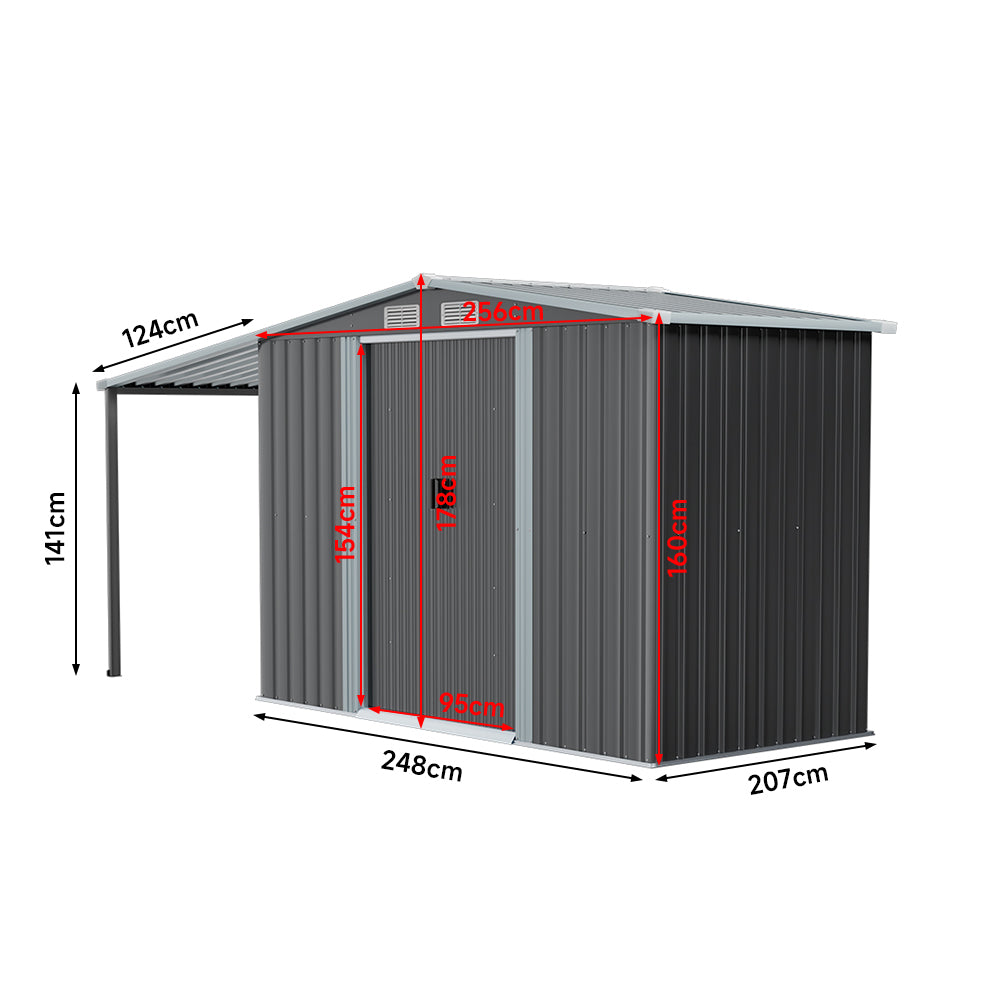 256CM Wide Metal Garden Storage Shed with Gabled Roof and Lean-To