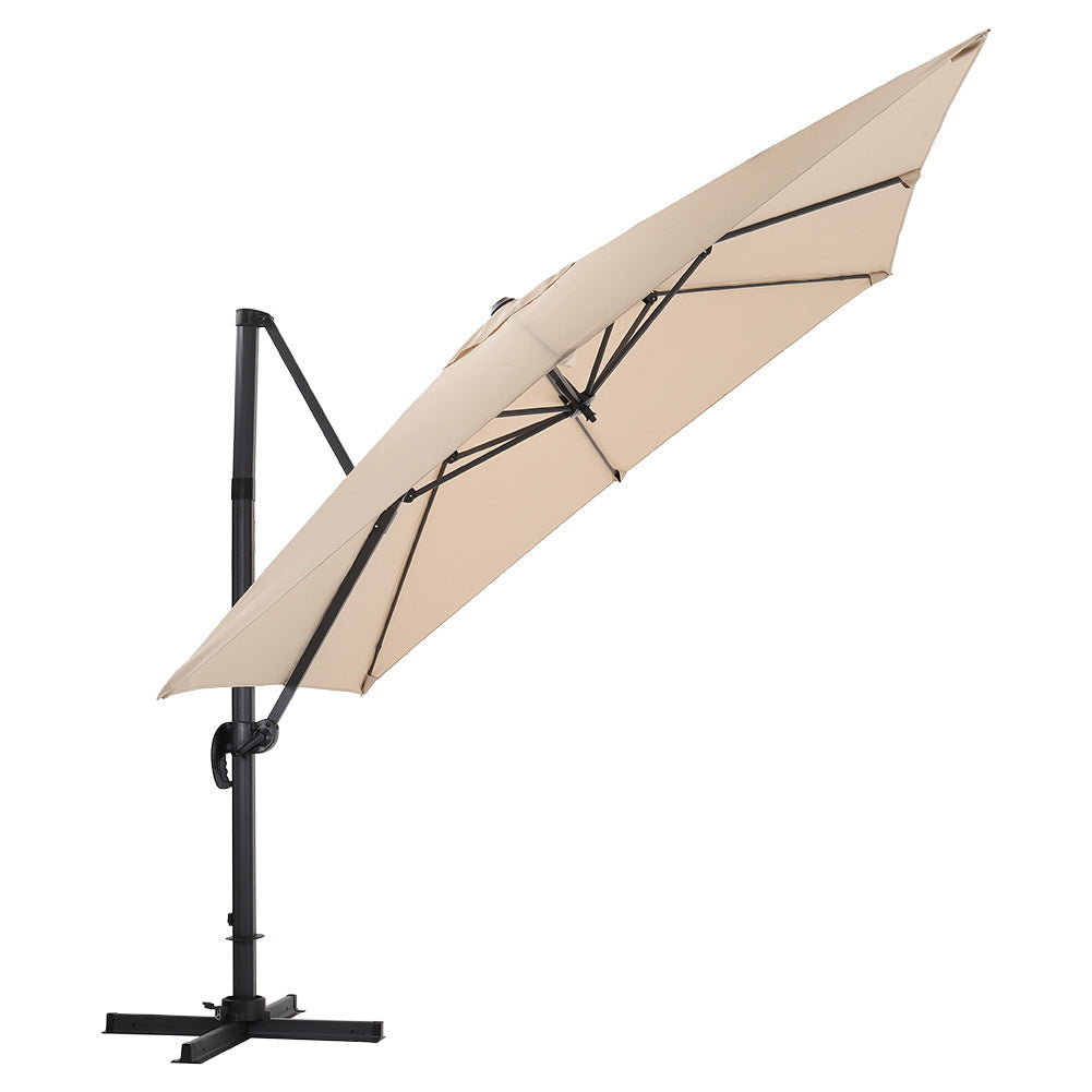 Khaki 3 x 3 m Square Cantilever Parasol Outdoor Hanging Umbrella for Garden and Patio Parasols   Parasol + Cross Base 