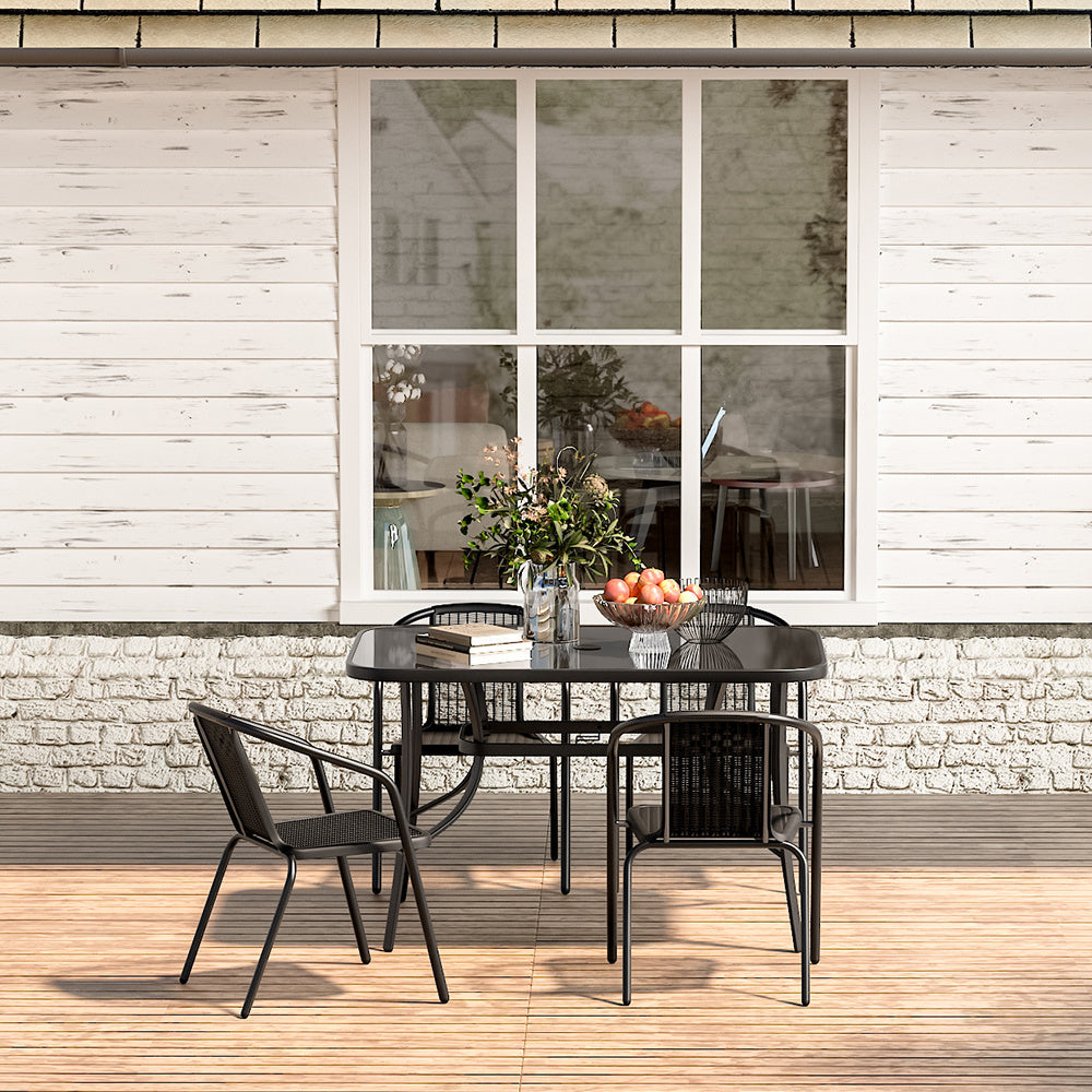 Garden Rectangular Tempered Glass Table and Rattan Chairs GARDEN DINING SETS   W 80 x L 120 x H 70 cm Table with 4 Chairs 