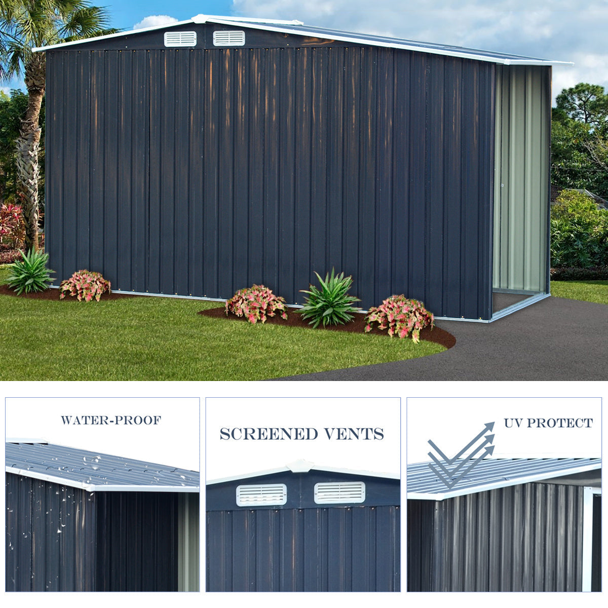 Garden Steel Shed Gable Roof Top with Firewood Storage Garden storage Garden Sanctuary 